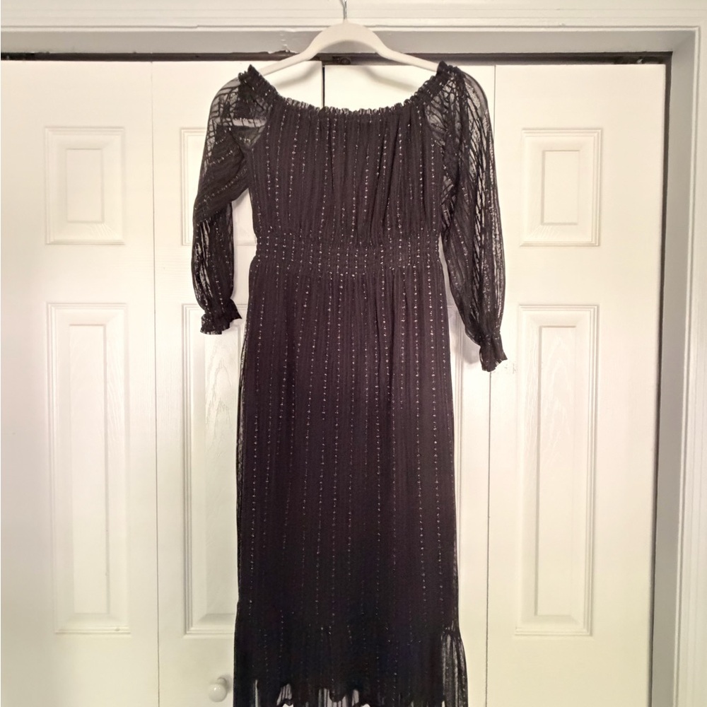 BCBGeneration off-Shoulder Black Metallic Thread Midi Dress